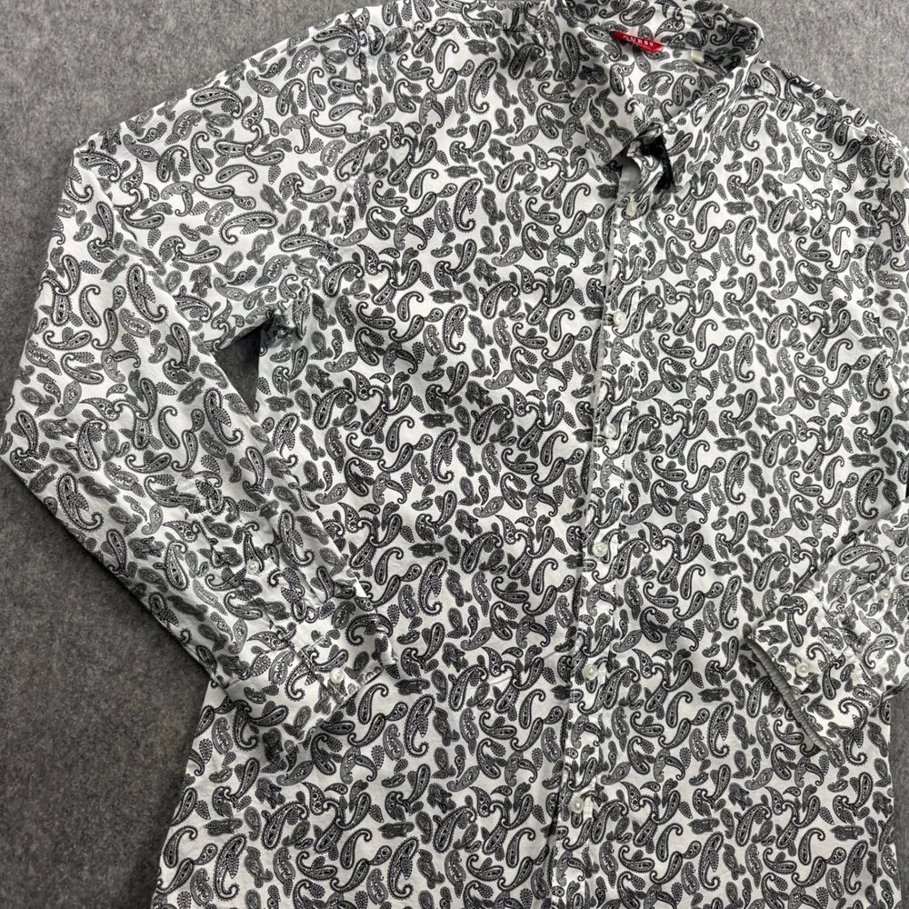 GUESS Womens Paisley Button Up Shirt White Black Long Sleeve XL Regular Fit